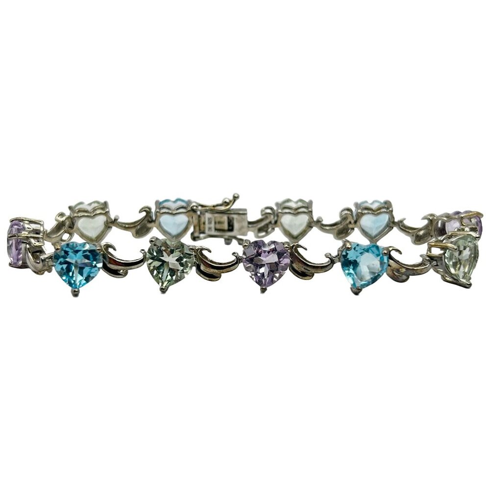 Blue Topaz/Amethyst Heart Shaped Gemstone 7.5" Tennis Bracelet - 11 Stones